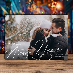 Carte De Vœux En Aluminium Élégant Photo Joyeuse Année Script Argent