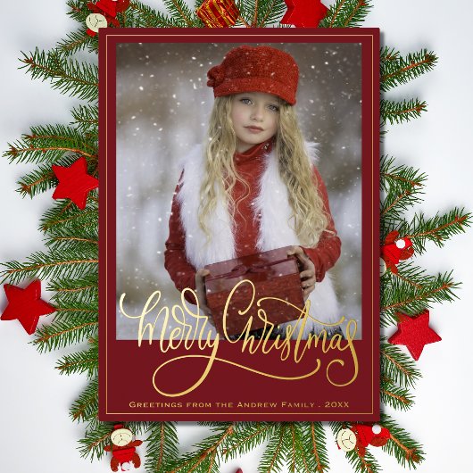 Carte De Vœux En Aluminium Élégant Red Gold Script Joyeux Noël