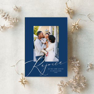 Carte De Vœux En Aluminium Elegant Rejoice Religieux Photo de Noël Argent