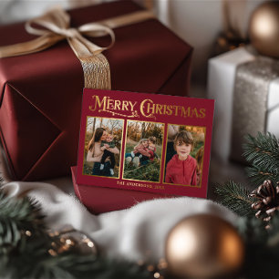 Carte De Vœux En Aluminium Elégant Rouge & Or Noël 3 Photos
