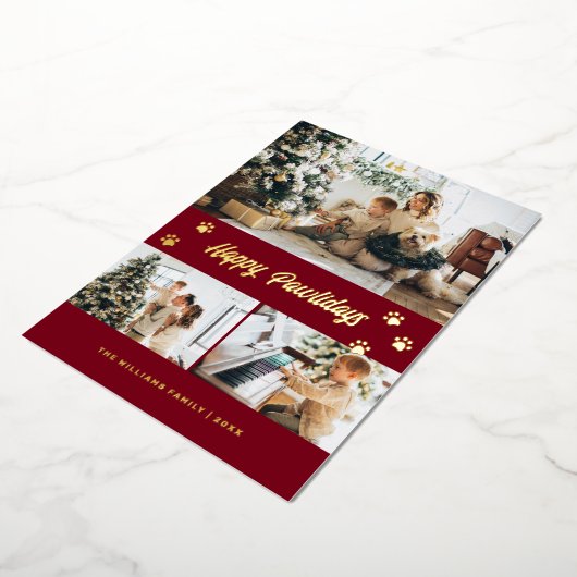 Carte De Vœux En Aluminium Elégant Rouge Photo Joyeux Pawlidays Gold (Rotation)