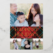 Carte De Vœux En Aluminium Elégant Rouge Tartan Noël Multi Photo Or (Recto)