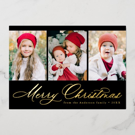 Carte De Vœux En Aluminium Élégant Script Black Joyeux Noël 3 Photo (Recto)