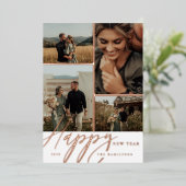 Carte De Vœux En Aluminium Élégant Script Joyeux Nouvel An Grille photo minim (Debout devant)