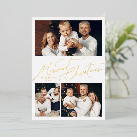 Carte De Vœux En Aluminium Elegant Script Merry Christmas Family 3 Photo (Debout devant)