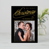 Carte De Vœux En Aluminium Élégant script noir & or Joyeux Noël photo (Debout devant)
