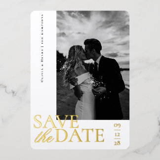 Carte De Vœux En Aluminium Élégant Script Photo Enregistrer la date