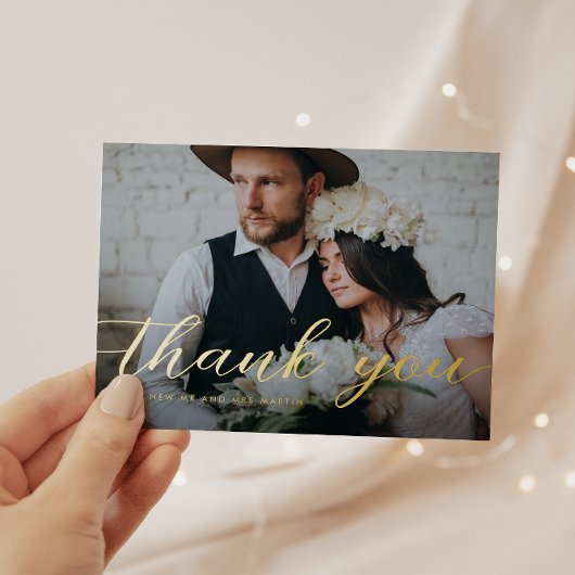 Carte De Vœux En Aluminium Élégant Script Photo Hiver Mariage Merci