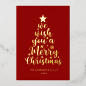 Carte De Vœux En Aluminium Élégant Script Red Gold Real Foil Joyeux Noël (Recto)