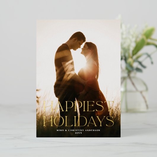 Carte De Vœux En Aluminium Elégant Simple Happiest Holidays One Photo Gold (Debout devant)