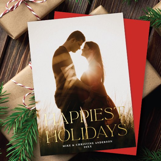 Carte De Vœux En Aluminium Elégant Simple Happiest Holidays One Photo Gold