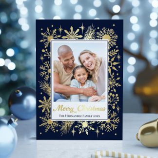 Carte De Vœux En Aluminium Élégant Stylish Navy Snowflake Family Photo