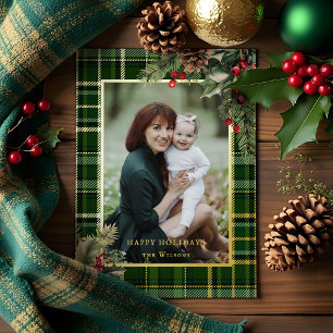 Carte De Vœux En Aluminium Élégant vert / Or Plaid Holly Photo de Noël