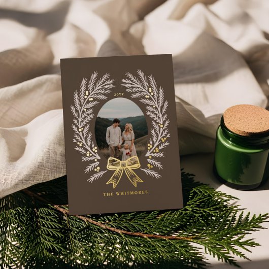 Carte De Vœux En Aluminium Elegant Winter Pine Tree Wreath Bow Photo Frame