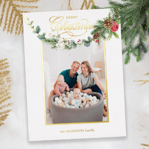 Carte De Vœux En Aluminium Élégante Calligraphie de Noël Joyeux Floral Photo