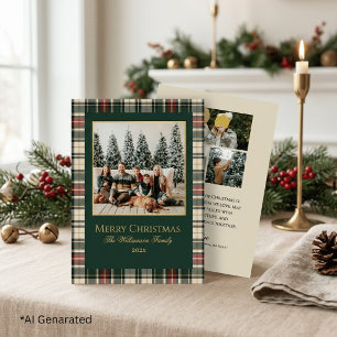 Carte De Vœux En Aluminium Élégante photo de famille de Noël à carreaux verts