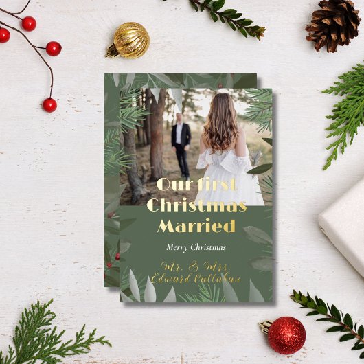 Carte De Vœux En Aluminium Élégante photo nuptiale verte 1er Noël Marié