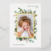 Carte De Vœux En Aluminium Élégante verdure or | Blanc avec deux photos (Recto)