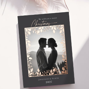 Carte De Vœux En Aluminium Élégantes feuilles modernes encadrent une photo jo