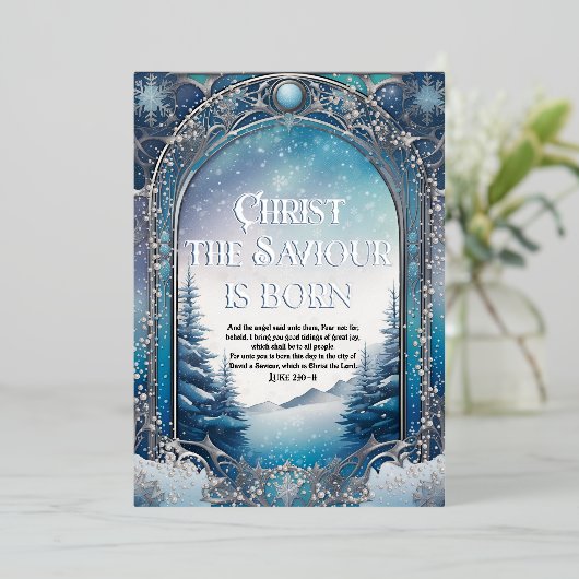 Carte De Vœux En Aluminium Évangile de Luke Winter Wonderland Bleu Noël (Debout devant)