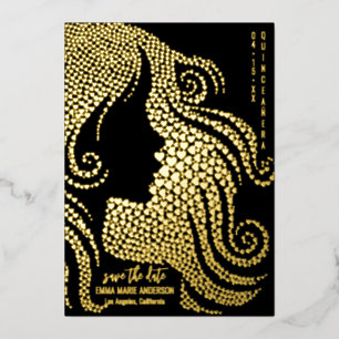 Carte De Vœux En Aluminium Faire part de Quinceañera Silhouette Noir Or