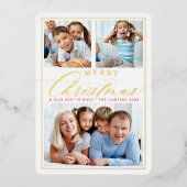Carte De Vœux En Aluminium FAMILLE 3 PHOTO fun calligraphie élégant script or (Recto)