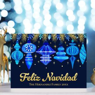 Carte De Vœux En Aluminium Feliz Navidad Ornements Marine Aquarelle bleue
