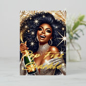 Carte De Vœux En Aluminium Femme Noire Glamour Faisant Saute une Bouteille de (Debout devant)