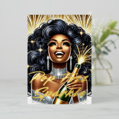 Carte De Vœux En Aluminium Femme Noire Glamour Faisant Saute une Champagne No (Debout devant)