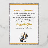 Carte De Vœux En Aluminium Femme Noire Glamour Ouvrant une Bouteille de Champ (Verso)