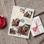 Carte De Vœux En Aluminium Ferme Holly | Christmas Photo Collage<br><div class="desc">Notre magnifique carte photo de vacances rustique chic dispose de quatre de vos photos de famille de carrés préférées dans une mise en page collage. "Joy" apparaît en haut dans la fabuleuse feuille d'or typographie de script de brosse lettrée à la main sur un arrière - plan d'ivoire crème rustique...</div>