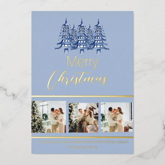 Carte De Vœux En Aluminium Festif Dusty Blue Noël Pagoda Tree (Recto)