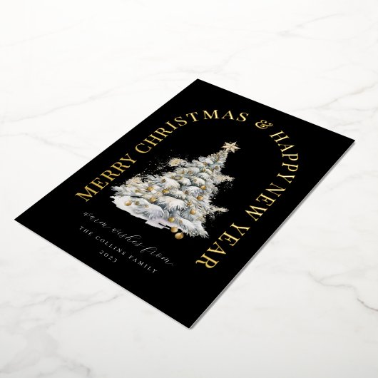 Carte De Vœux En Aluminium Festif Snowy Christmas Tree Modern Black (Rotation)