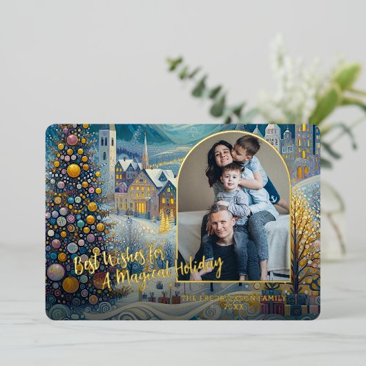 Carte De Vœux En Aluminium Festive Abstrait Winter Wonderland Art Gold (Debout devant)