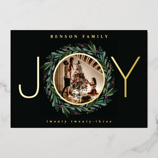 Carte De Vœux En Aluminium Festive JOY Noël Wreath Feuilles Berries (Recto)