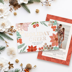 Carte De Vœux En Aluminium Festive Poinsettia Berry Cream Photo Noël