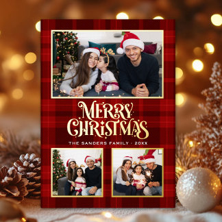 Carte De Vœux En Aluminium "Festive Red Tartan Christmas Card with Gold Foil