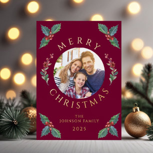 Carte De Vœux En Aluminium Festive Rouge Botanique Photo Foyer de Noël