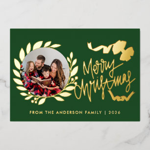 Carte De Vœux En Aluminium Feuilles de baie dorées élégantes 2 Photo Joyeux N