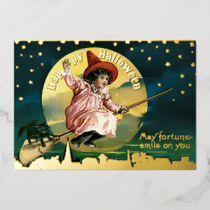 Carte De Vœux En Aluminium Fille vintage et chat noir sur Broom Halloween