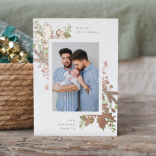 Carte De Vœux En Aluminium Fleurs de Noël à l'aquarelle moderne et or rose