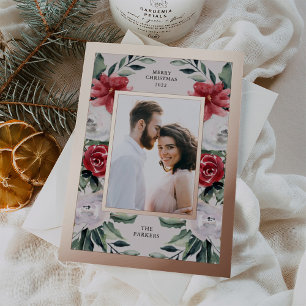 Carte De Vœux En Aluminium Fleurs de poinsettia à l'aquarelle avec photo et o