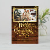 Carte De Vœux En Aluminium Flocon de neige en bois rustique Joyeux Noël Photo (Debout devant)