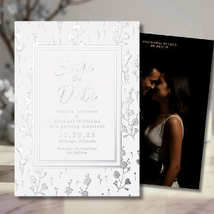 Carte De Vœux En Aluminium Floral Silver Foil Enregistrer la date Photo Eléga