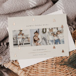 Carte De Vœux En Aluminium Forêt dorée | Élégant collage photo de Noël<br><div class="desc">Un design moderne et élégant de cartes de vacances de Noël avec trois photos carrés alignées côte à côte sur un arrière - plan en ivoire chaleureux parsemé de pins roses en feuille d'or. Personnalisez avec votre salutation de vacances personnalisée,  le nom de famille et l'année.</div>