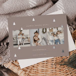 Carte De Vœux En Aluminium Forêt dorée | Élégant collage photo de Noël<br><div class="desc">Un design moderne et élégant de cartes de vacances de Noël avec trois photos carrés alignées côte à côte sur un arrière - plan taupe neutre parsemé de pins à feuille d'argent. Personnalisez avec votre salutation de vacances personnalisée,  le nom de famille et l'année.</div>