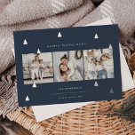 Carte De Vœux En Aluminium Forêt dorée | Élégant collage photo de Noël<br><div class="desc">Un design moderne et élégant de cartes de vacances de Noël avec trois photos carrés alignées côte à côte sur un arrière - plan bleu marine parsemé de pins à feuille d'argent. Personnalisez avec votre salutation de vacances personnalisée,  le nom de famille et l'année.</div>