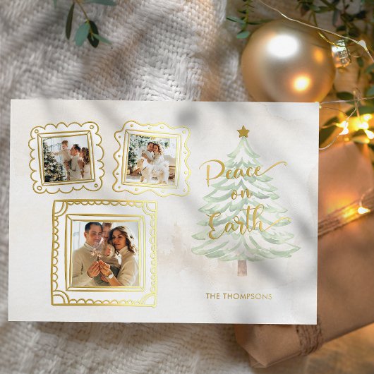 Carte De Vœux En Aluminium Fun Gold Doodle Frame Peace on Earth 3-Photo