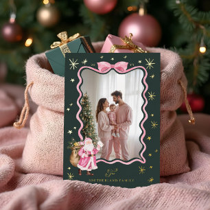 Carte De Vœux En Aluminium Fun Retro Père Noël Wavy Pink Ribbon Photo Noël