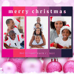 Carte De Vœux En Aluminium Fun rose rayé 3 Photo Collage Joyeux Noël<br><div class="desc">Envoyez une floraison festive à vos amis et à votre famille avec cette carte de Noël colorée. Sur un arrière - plan rayé gras dans les tons rose et violet, la carte affiche trois de vos photos préférées. En haut, le salut "Joyeux Noël" est en typographie coque basse avec un...</div>